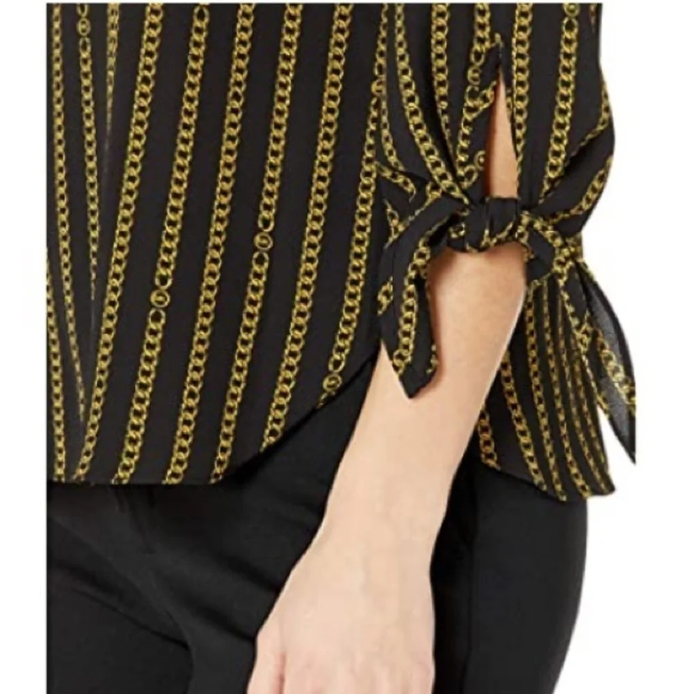 Michael Kors Black Gold Chain Stripe v neck knot blouse small new with tags